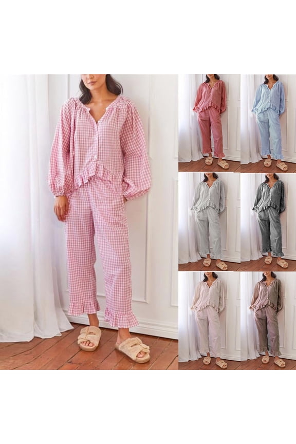Womens Plaid Pajamas Sets 2 Piece Puff Sleeve Ruffle Babydoll Shirt and Gingham Pants Lounge Sets Comfy Sleepwear Pj Set,Light Blue,S