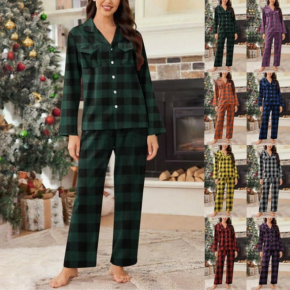 Dazajoo Womens Plaid Pj Set Long Sleeve Button Down Shirts and Elastic Waist Pants 2 Piece Sleepwear Lounge Sets,Green,XL