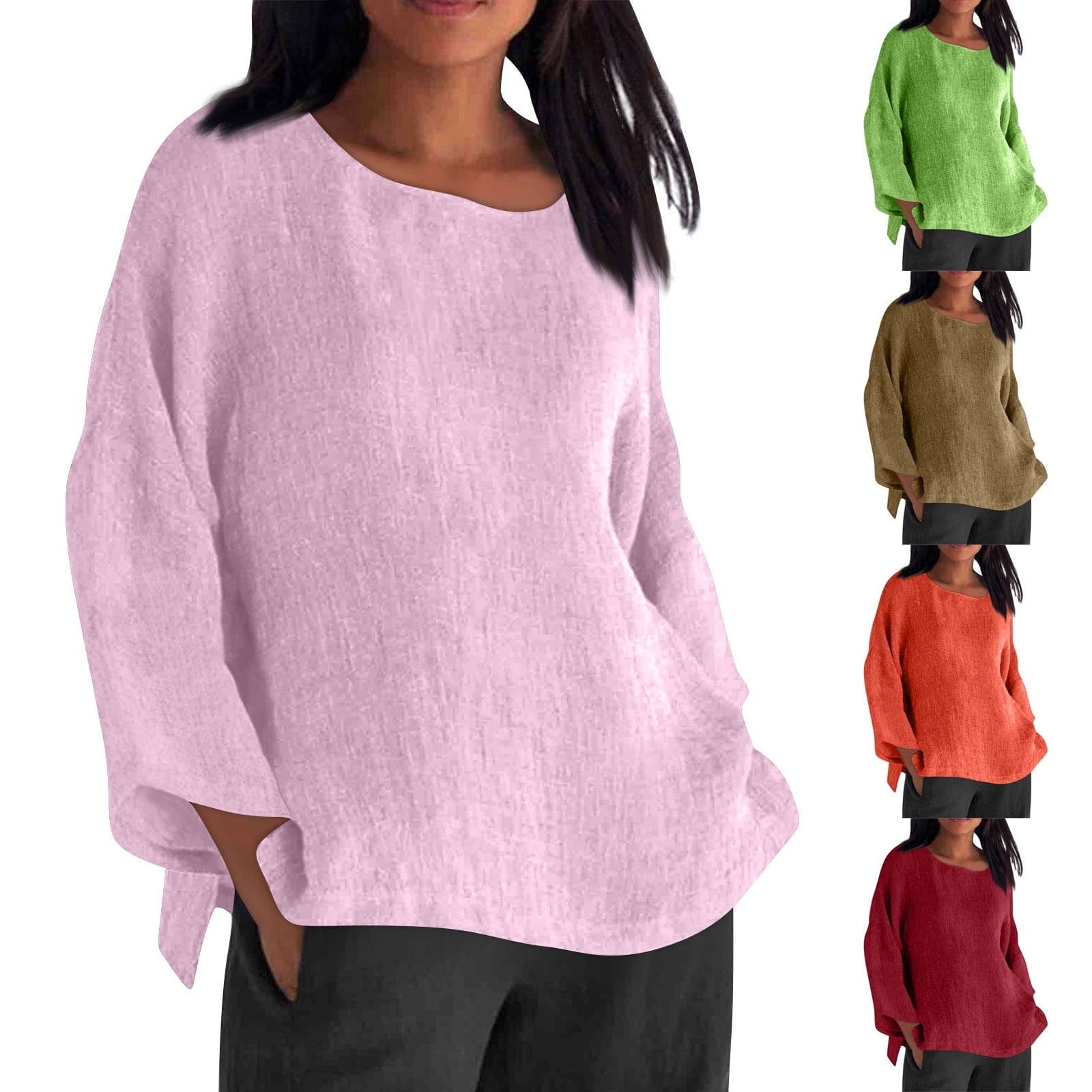 Dazajoo Womens Plus Size Cotton Linen Shirts Long Sleeve Solid Color ...