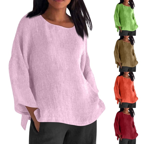 Dazajoo Womens Plus Size Cotton Linen Shirts Long Sleeve Solid Color Gauze Tops Dressy Trendy Side Slit Crew Neck Blouses,Pink,L