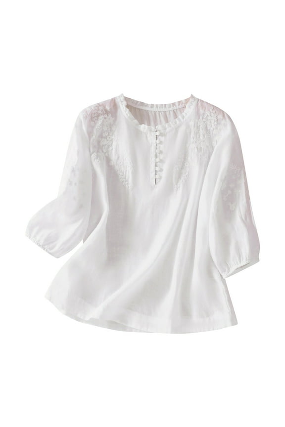 Plus Size Cotton Linen Tops for Women 2024 Summer Dressy Casual Half Sleeve Solid Color Tshirts Women's Vintage Floral Emboridery Round Neck Blouses,White,XL