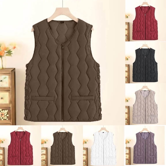 Dazajoo Womens Plus Size Puffer Vest Full Zip Sleeveless Quilted Jacket with Pockets Winter Lightweight Warm Coat,Wine,XXXL