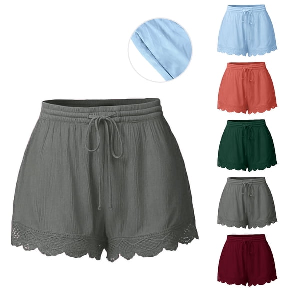 Dazajoo Womens Plus Size Running Shorts with Pockets Elastic High Waisted Drawstring Yoga Shorts Summer Lightweight Lace Trim Ruffle Shorts Holiday Sales,Wine,XXXXL