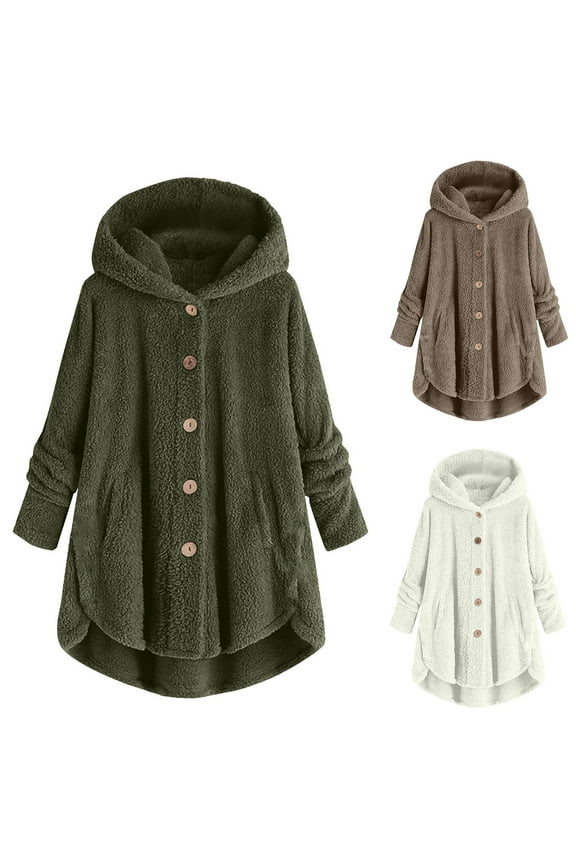 Womens Plus Size Sherpa Jackets Button Down Fleece Shaggy Hoodie Overcoat Furry Winter Plush Fuzzy Cardigan with Pockets,Army Green,XXL
