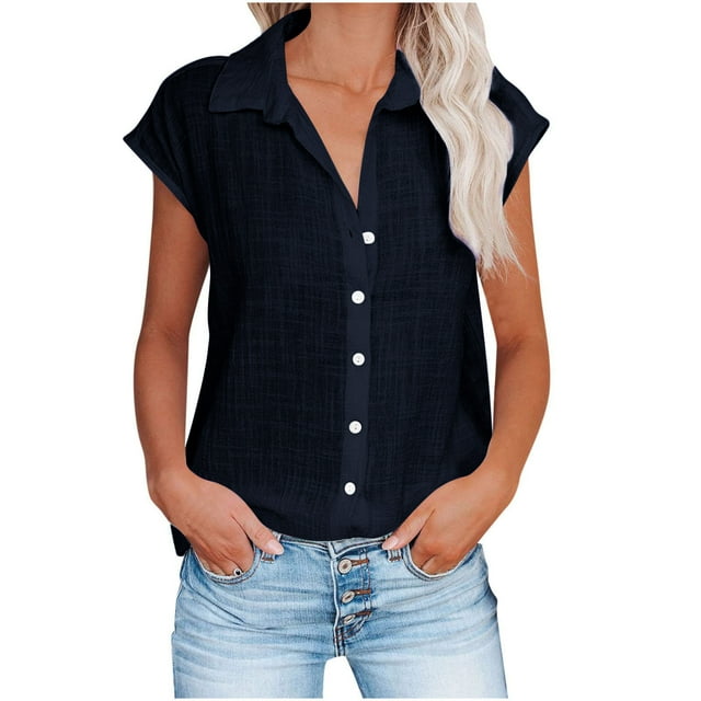 Dazajoo Womens Plus Size Sleeveless Button Down Shirt Lapel Neck Cotton Linen Blouses 2024 Summer Casual Solid Color Basic Tank Tops for Women,Navy,XXXXL