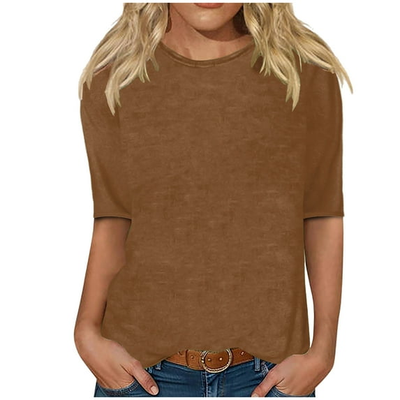 Dazajoo Womens Plus Size Solid Color T Shirts Summer Casual Round Neck Half Sleeve Tops 2024 Daily Loose Fit Tunics Blouses for Women,Coffee,XL