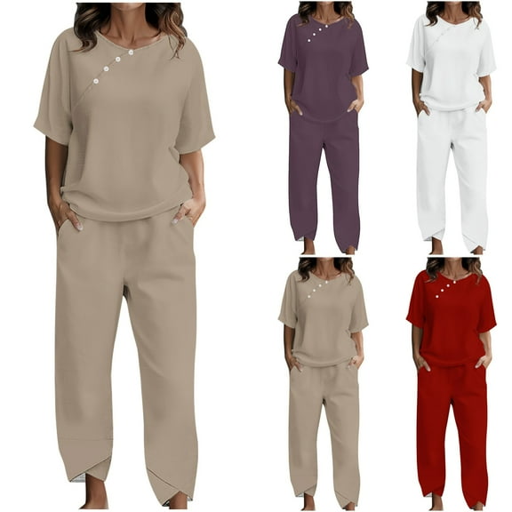 Dazajoo Womens Plus Size Summer Lounge Sets Cotton Linen Short Sleeve Crew Neck Tops Matching Elastic Waist Pants with Pockets Lightweight Outfit Sets,White,XXXL