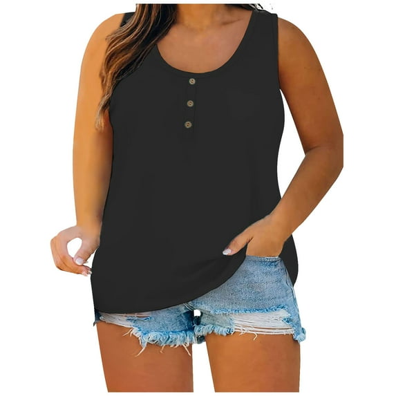 Dazajoo Womens Plus Size Tank Tops Solid Color Sleeveless T-Shirts Tops 2024 Summer Casual Oversized Button Vest for Women,Black,XXL