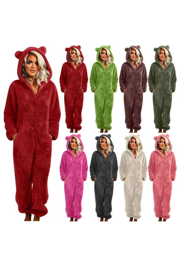 Womens Plush Hooded Jumpsuit Solid Color Sherpa Fuzzy Pajamas Long Sleeve Cute Cat One Piece Rompers Winter Warm Sleepwear Army Green L