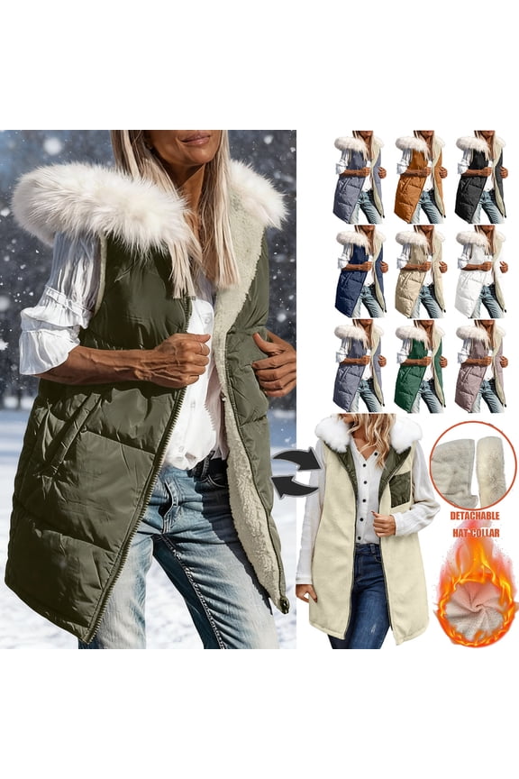 Womens Puffer Vest Plus Size Sleeveless Zip Up Quilted Jackets Detachable Faux Fur Hood Fleece Lined Winter Coats with Pockets,Black,XXXXXL