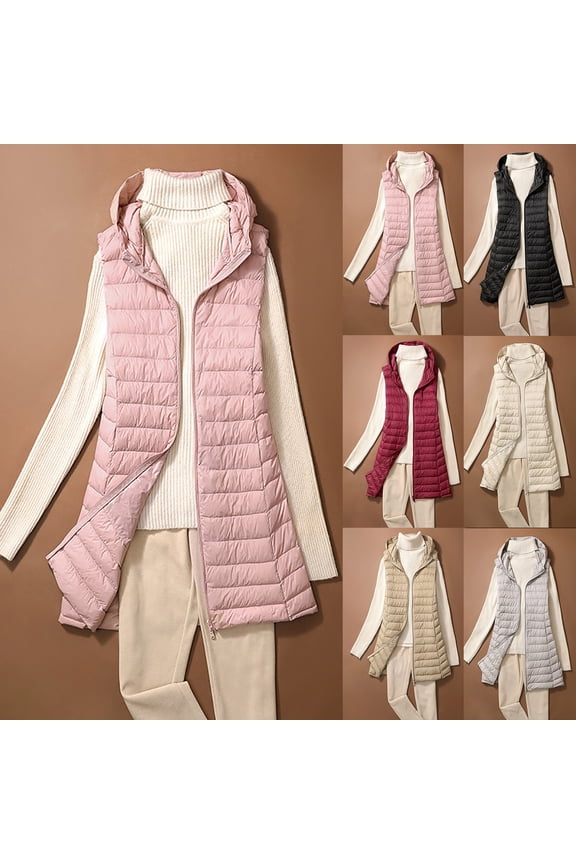 Womens Puffer Vests Lightweight Sleeveless Long Quilted Jacket with Hood Winter Warm Down Coats,Black,L