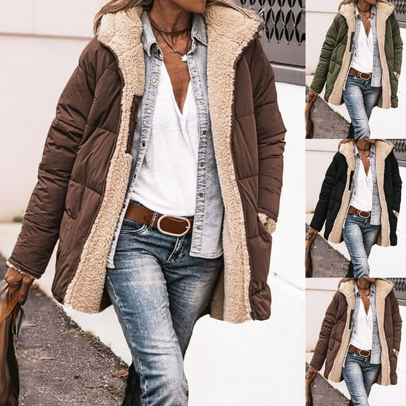 Dazajoo Womens Quilted Jacket Zip Up Winter Hooded Coats Comfy Sherpa Lined Jacket with Pockets,Black,M