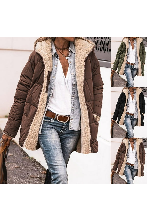 Womens Quilted Jacket Zip Up Winter Hooded Coats Comfy Sherpa Lined Jacket with Pockets,Coffee,M