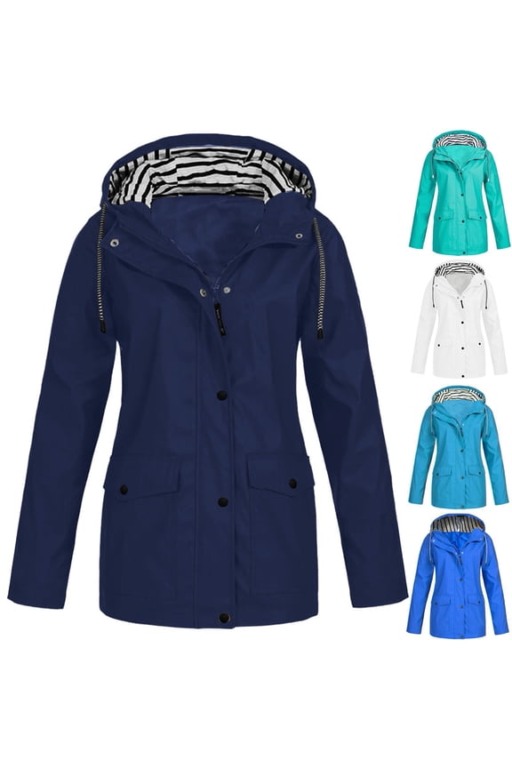 Womens Rain Coat Waterproof Stripe Lined Hooded Windbreaker Trench Coat Zip Up Travel Hiking Jackets for Outdoor,Light Blue,L