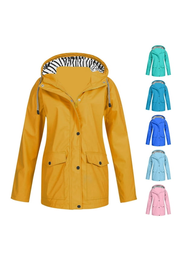 Womens Rain Jacket with Hood Striped Lined Zip Up Raincoats Long Sleeve Fall Winter Outdoor Windbreaker Light Blue XXL