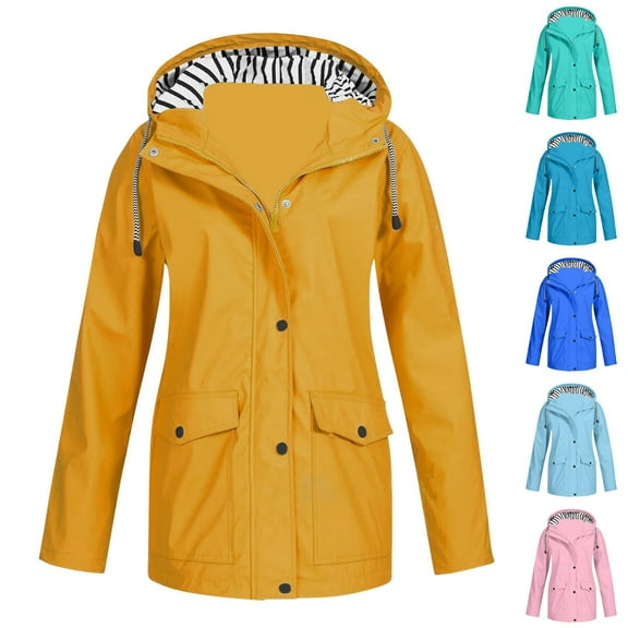 Dazajoo Womens Rain Jacket with Hood Striped Lined Zip Up Raincoats Long Sleeve Fall Winter Outdoor Windbreaker,Pink M