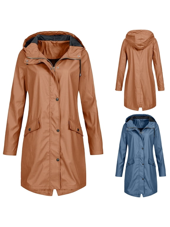 Womens Rain Jacket with Hood Waterproof Zip Up Fleece Lined Jackets with Pockets Outdoor Athletic Long Coats Coffee XXXL