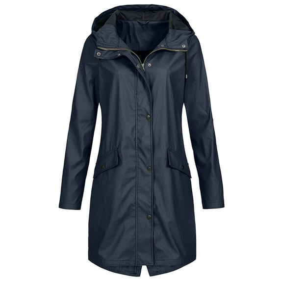 Dazajoo Womens Rain Jackets Waterproof with Hood Fleece Lines Zip Up Long Raincoat with Pockets Outdoor Hiking Windbreaker Jacket,Navy S