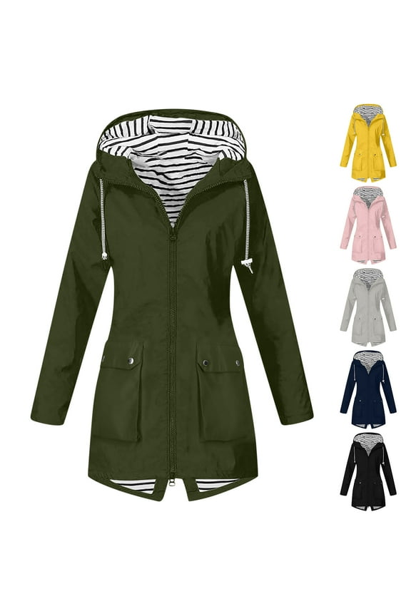 Womens Raincoats Waterproof with Hood Striped Lined Windbreaker Rain Jacket with Pockets,Gray,S