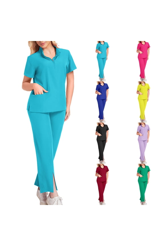 Womens Scrub Set with Zip Mock Neck Short Sleeve Tops and Split Hem Drawstring Pants Two Piece Nurses Medical Uniforms,Black,S