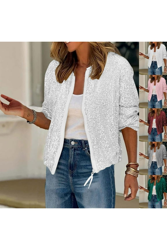 Womens Sequin Jacket Long Sleeve Front Zipper Bomber Jacket Trendy Party Night Cardigans,Green,L
