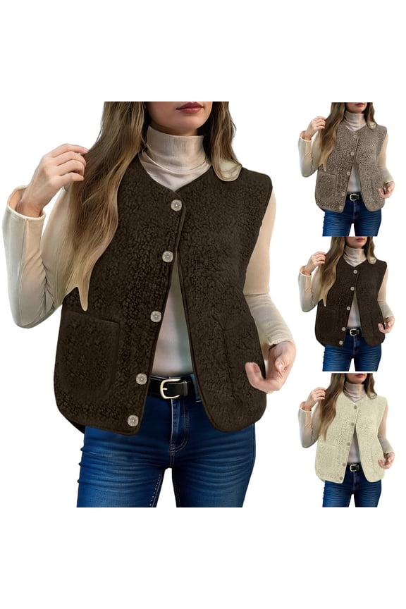 Womens Sherpa Vest Casual Warm Fuzzy Fleece Vest Sleeveless Jacket Winter Button Down Waistcoat with Pockets,Brown,L