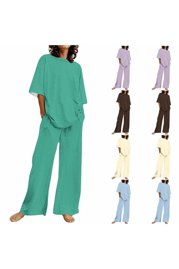 Womens Short Sleeve 2 Piece Outfits Cotton Linen Short Sleeve Tops and Wide Leg Drawstring Pants with Pockets Casual Solid Color Lounge Suits,Brown,XXL