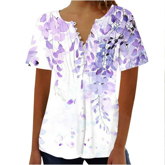 Dazajoo Womens Short Sleeve Floral Tees Summer Button V Neck Henley Shirts Casual Front Pleated Hide Belly Elegant Tunic Tops,Multicolor,S