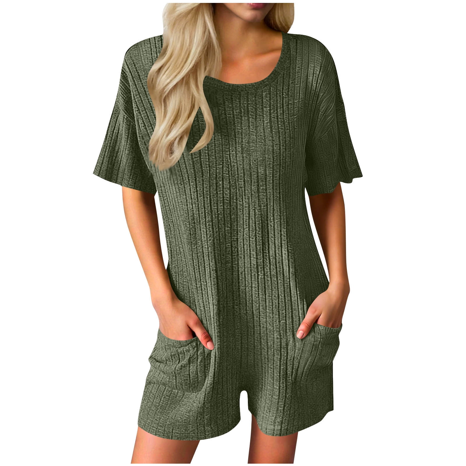 Dazajoo Womens Short Sleeve Romper One Piece Ribbed Knit Crewneck Shorts Rompers with Pockets Summer Beach Outfits,Army Green,XXL