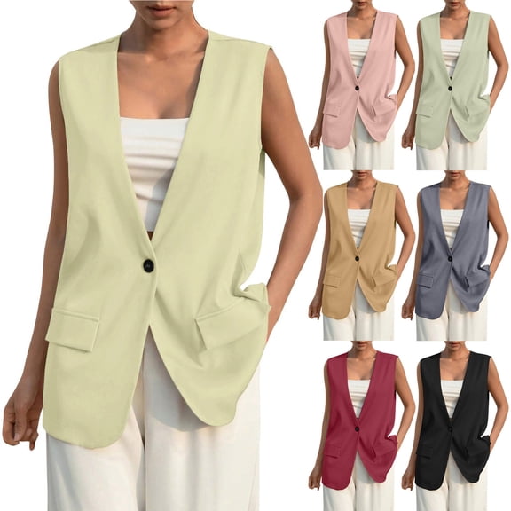 Dazajoo Womens Sleeveless Blazers for Work Casual Lightweight Single Button Vest Jacket V Neck Dressy Blazer with Pockets,Beige,XXL