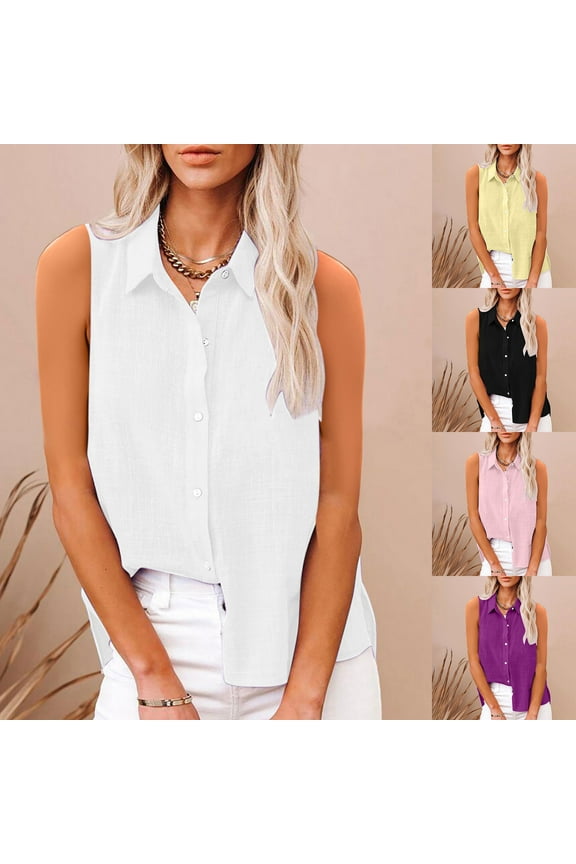 Womens Sleeveless Button Down Shirts 2025 Summer Solid Lapel Linen Blouses Casual Lightweight Gauze Office Basic Tank Tops,Black,L