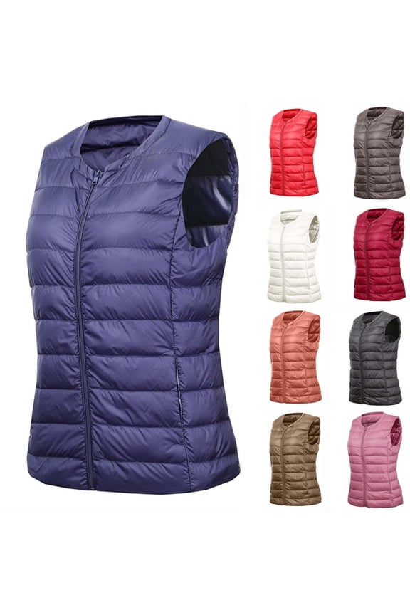 Womens Sleeveless Down Vest Lightweight Zip Up Quilted Jacket with Pockets Winter Outdoor Warm Coat,Red,L