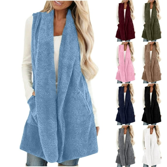 Dazajoo Womens Sleeveless Sherpa Vest with Pockets Lapel Open Front Fleece Cardigan Sweater Fuzzy Jacket Coat,White,M