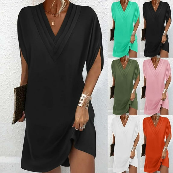 Dazajoo Womens Solid V Neck Mini Dress Casual Loose Batwing Short Sleeve Ruched Summer Elegant Flowy Short Beach Dress,Pink,M