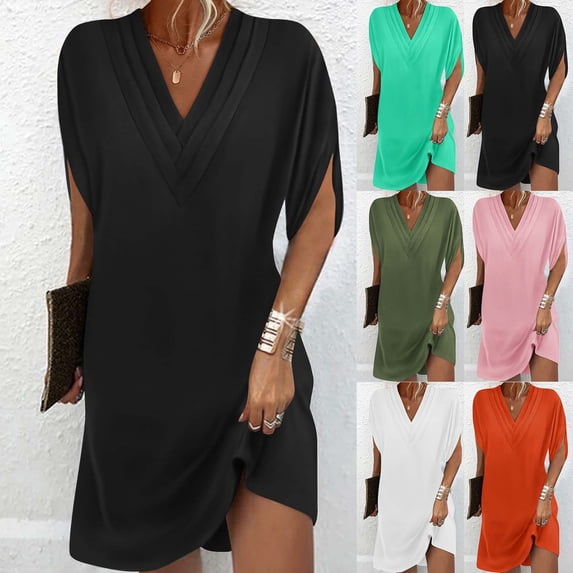 Dazajoo Womens Solid V Neck Mini Dress Casual Loose Batwing Short Sleeve Ruched Summer Elegant Flowy Short Beach Dress,Pink,S