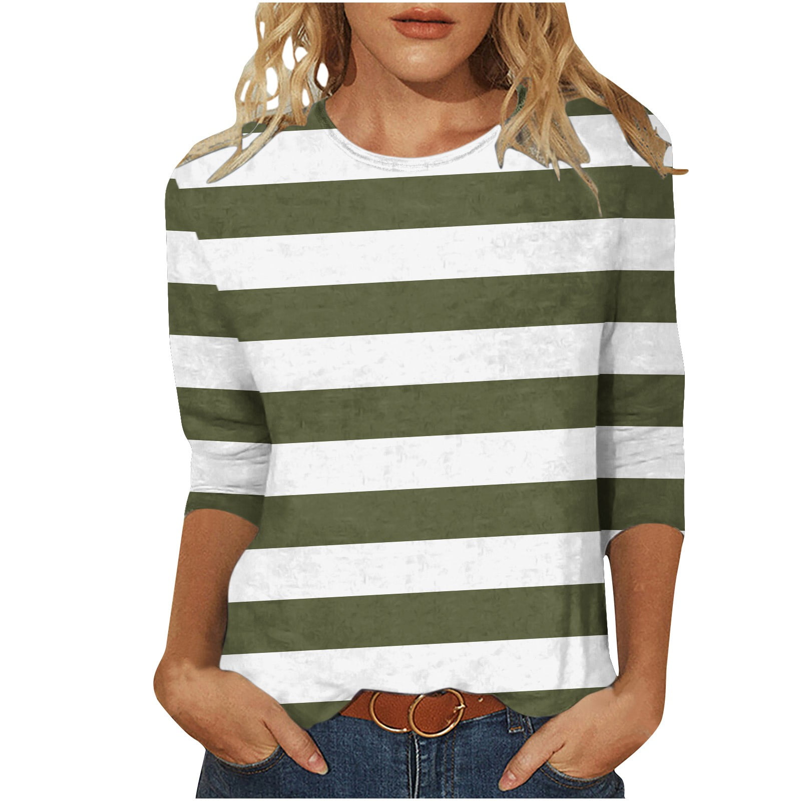 Green Striped T Shirt Women 2026.Dazajoo Womens Striped Tee Shirts Summer Fashion 3/4 Length Sleeve ...