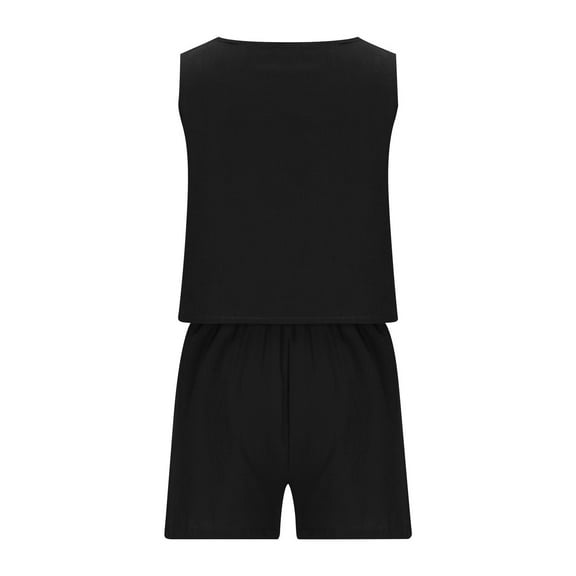 Dazajoo Womens Summer 2 Piece Outfits Vacation Casual Trendy Shorts Matching Square Neck Sleeveless Shirts Casual Linen Outfits for Women 2024 Solid Color Fashion Loungewer Suits,Black,XS