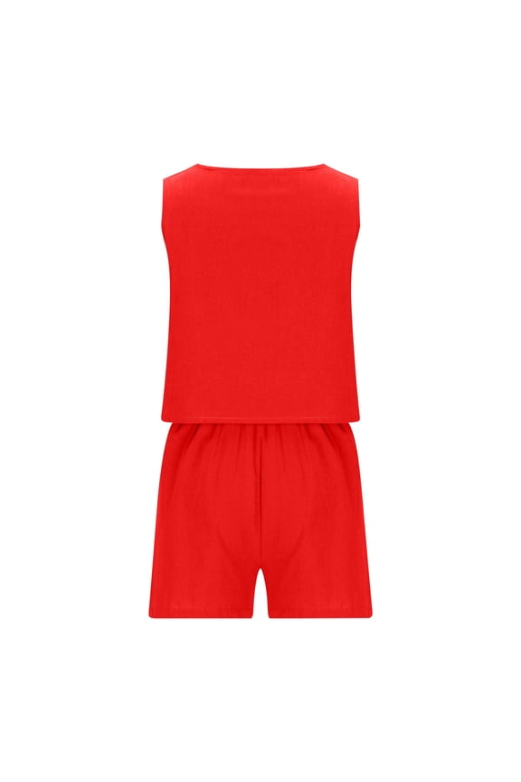Womens Summer 2 Piece Outfits Vacation Casual Trendy Shorts Matching Square Neck Sleeveless Shirts Casual Linen Outfits for Women 2024 Solid Color Fashion Loungewer Suits,Red,XS