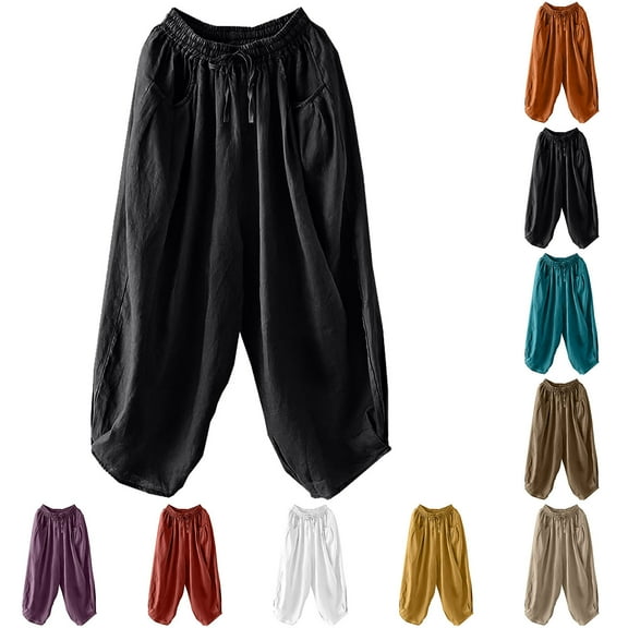 Dazajoo Womens Summer Cotton Linen Pants Wide Leg Solid Color Loose Fit Pants with Pockets 2025 Summer Comfy Elastic Waist Pants for Women,Black,M