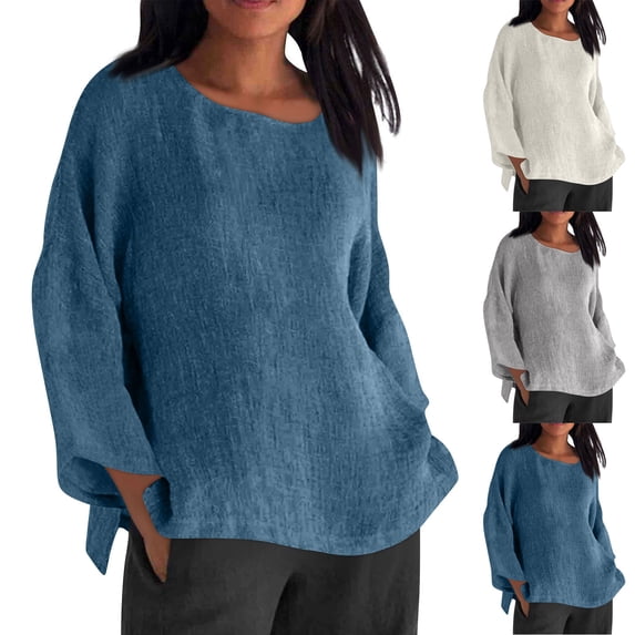 Dazajoo Womens Summer Cotton Linen Shirts Plus Size Long Sleeve Solid Gauze Tops Dressy Trendy Side Slit Crewneck Blouses,Blue,S