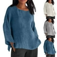 thumbnail image 1 of Dazajoo Womens Summer Cotton Linen Shirts Plus Size Long Sleeve Solid Gauze Tops Dressy Trendy Side Slit Crewneck Blouses,White,XXXXXL, 1 of 6