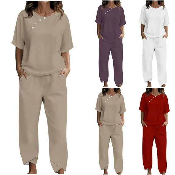 Dazajoo Womens Summer Linen Sets 2 Piece Lounge Sets Half Sleeve Round Neck Tops and Pants with Pockets Loose Lightweight Suits,Purple,XXXL