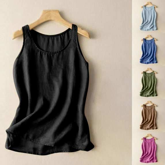 Dazajoo Womens Summer Linen Tank Tops Casual Sleeveless Crew Neck Shirts Loose Lightweight Beach Vacation Tees,Army Green,L