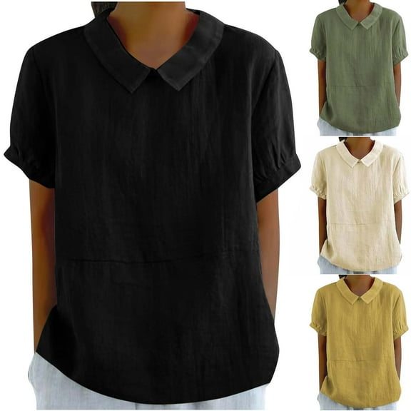 Dazajoo Womens Summer Linen Tops 2025 Dressy Casual Short Sleeve Solid Color Shirts Crew Neck Lapel Collar Blouses,Black,XXXL