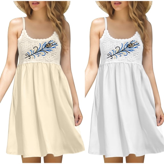 Dazajoo Womens Summer Midi Cami Dress Floral Print Embroidered Hollow Out Dresses Vintage Beach Sundress,Beige,Free Size