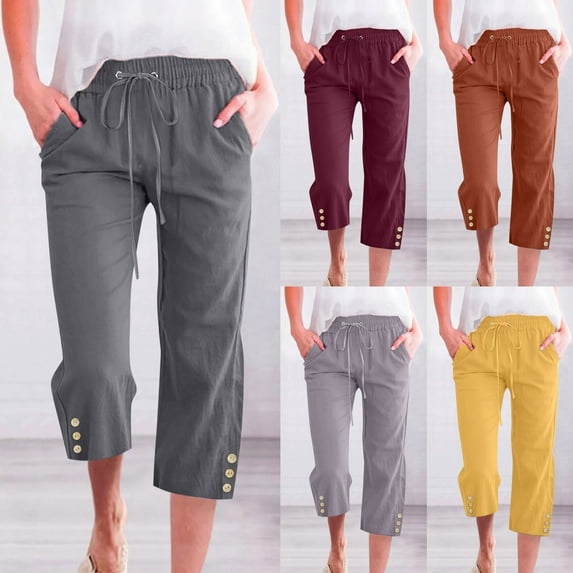 Dazajoo Cotton Linen Capris for Women Summer Plus Size Elastic Waist Drawstring Pants with Pockets Casual Solid Color Lightweight Beach Capri Pants,Coffee,XXXXXL