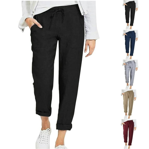 Dazajoo Women Cotton Linen Beach Pants Casual Wide Leg Elastic Waist Trousers with Pockets Summer Lightweight Loose Pants,Wine,M