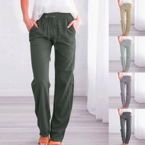 Dazajoo Womens Plus Size Cotton Linen Pants Elastic Waisted Drawstring Pants with Pockets Summer Solid Color Straight Leg Trousers,Beige,S