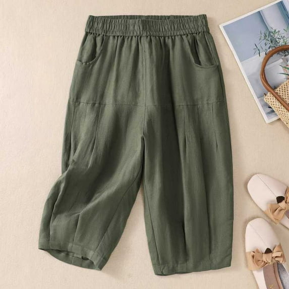 Dazajoo Womens Summer Shorts Clearance Sale Women's Plus Size Bermuda Shorts with Pockets Cotton Linen Knee Length Pleated Shorts 2024 Summer Solid Color Elastic Waist Pants for Women,Army Green,M