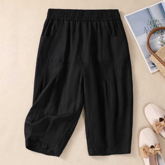 Dazajoo Womens Summer Shorts Clearance Sale Women's Plus Size Bermuda Shorts with Pockets Cotton Linen Knee Length Pleated Shorts 2024 Summer Solid Color Loose Elastic Waist Pants for Women,Black,M